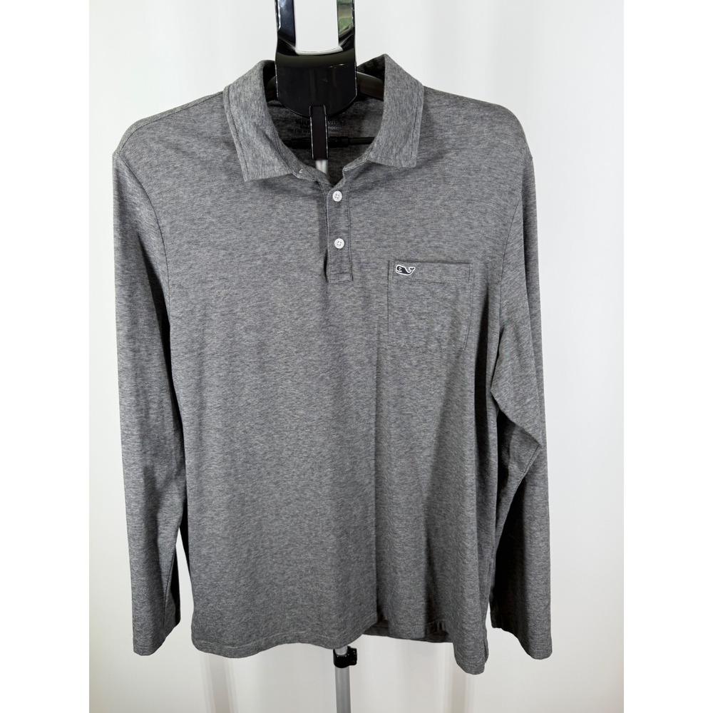 Vineyard Vines Mens Long Sleeve Polo Shirt Gray Heather Whale Logo Pocket Large